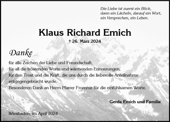 Traueranzeige von Klaus Richard Emich von Wiesbadener Kurier