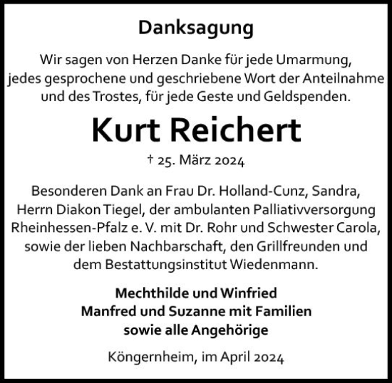 Traueranzeige von Kurt Reichert von Allgemeine Zeitung Mainz