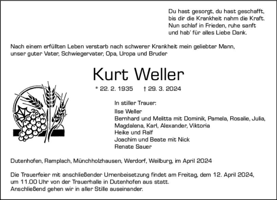 Traueranzeige von Kurt Weller von Wetzlarer Neue Zeitung