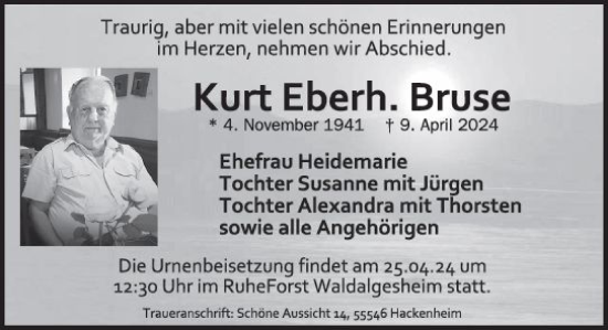Traueranzeige von Kurt Eberh. Bruse von Binger-/Ingelheimer Wochenblatt