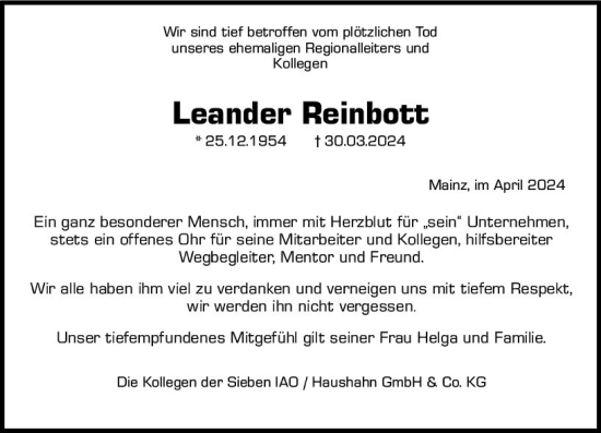 Traueranzeige von Leander Reinbott von Allgemeine Zeitung Mainz