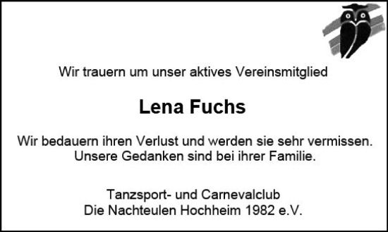 Traueranzeige von Lena Fuchs von Hochheimer Zeitung