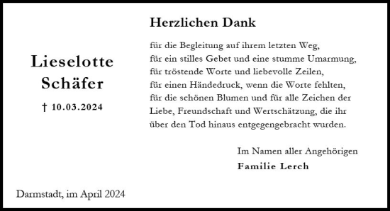 Traueranzeige von Lieselotte Schäfer von Darmstädter Echo