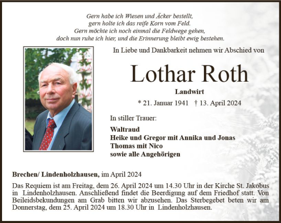 Traueranzeige von Lothar Roth von Nassauische Neue Presse