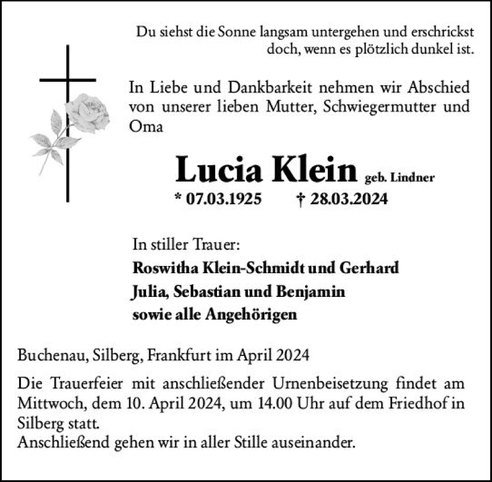  Traueranzeige für Lucia Klein vom 05.04.2024 aus Hinterländer Anzeiger