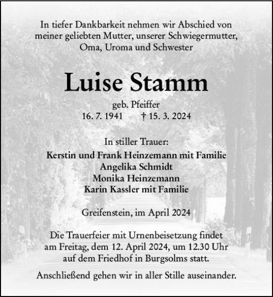Traueranzeige von Luise Stamm von Wetzlarer Neue Zeitung