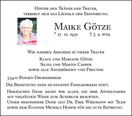 Traueranzeige von Maike Götze von Binger-/Ingelheimer Wochenblatt