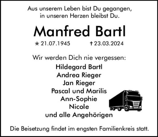 Traueranzeige von Manfred Bartl von Allgemeine Zeitung Mainz