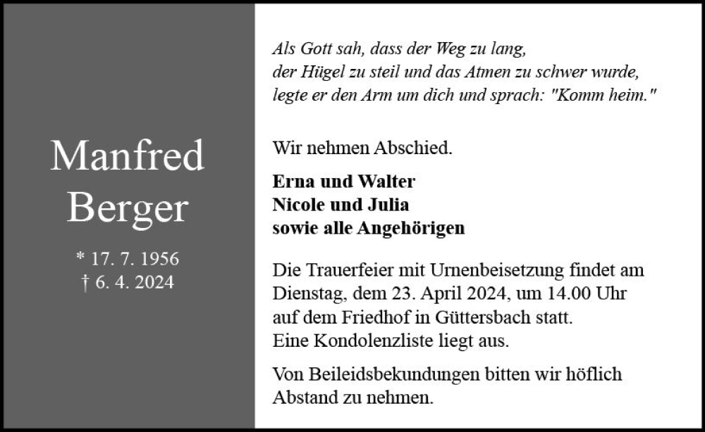  Traueranzeige für Manfred Berger vom 13.04.2024 aus Odenwälder Echo