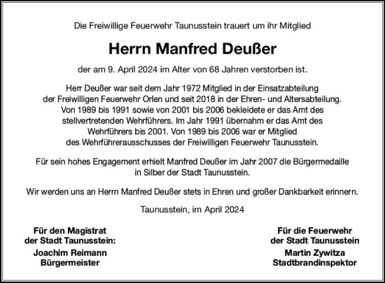Traueranzeige von Manfred Deußer von Idsteiner Land/Untertaunus