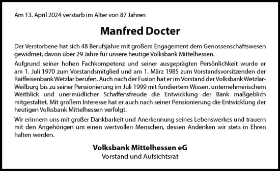 Traueranzeige von Manfred Docter von Wetzlarer Neue Zeitung