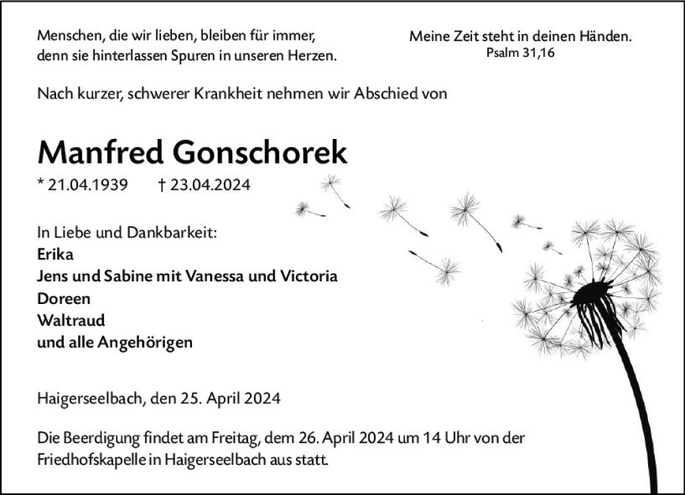  Traueranzeige für Manfred Gonschorek vom 25.04.2024 aus Dill Block