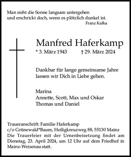 Traueranzeige von Manfred Haferkamp von Allgemeine Zeitung Mainz
