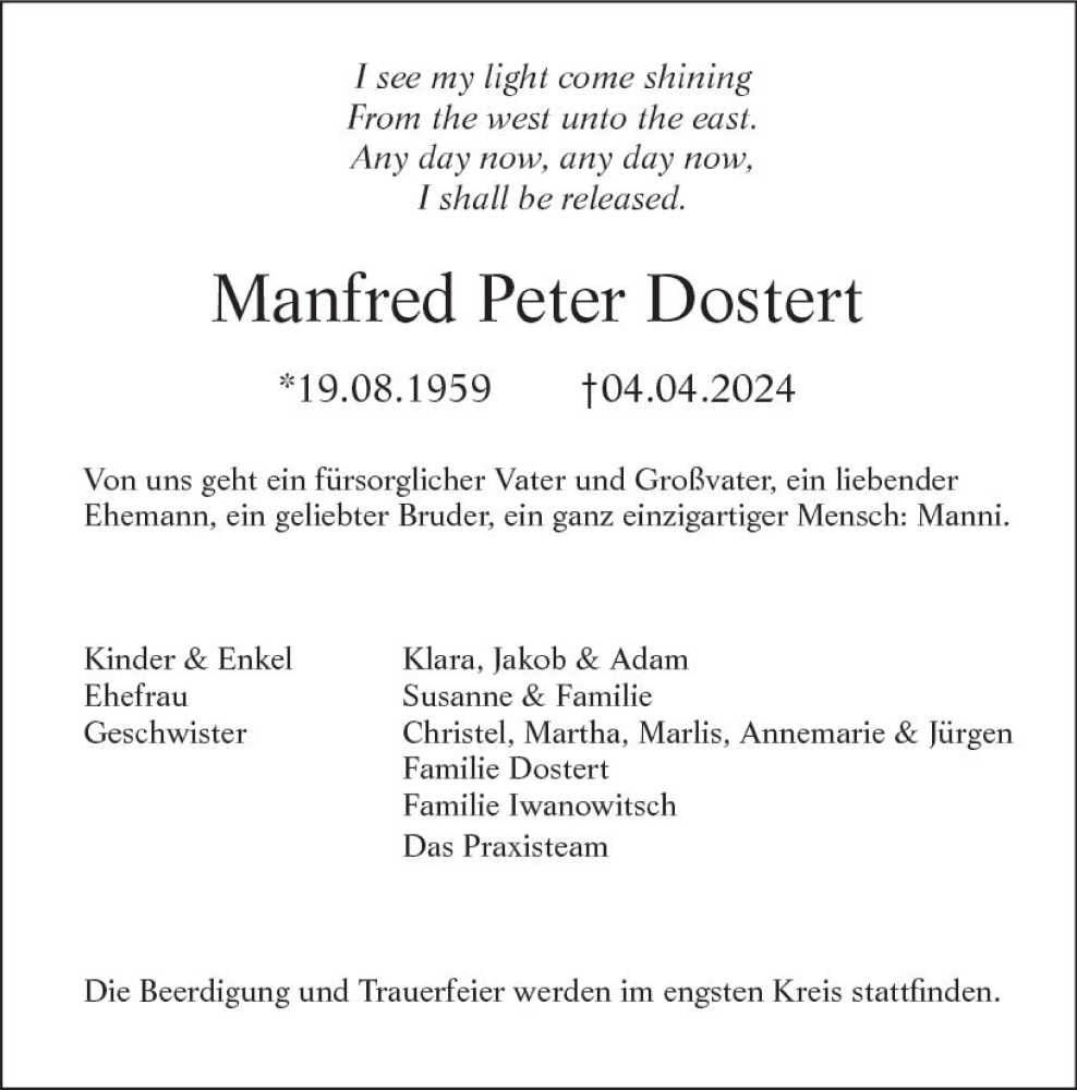  Traueranzeige für Manfred Peter Dostert vom 13.04.2024 aus Allgemeine Zeitung Mainz