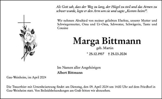 Traueranzeige von Marga Bittmann von Allgemeine Zeitung Alzey