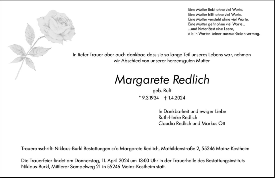Traueranzeige von Margarete Redlich von Wiesbadener Kurier