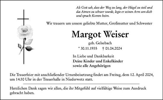 Traueranzeige von Margot Weiser von Wetzlarer Neue Zeitung