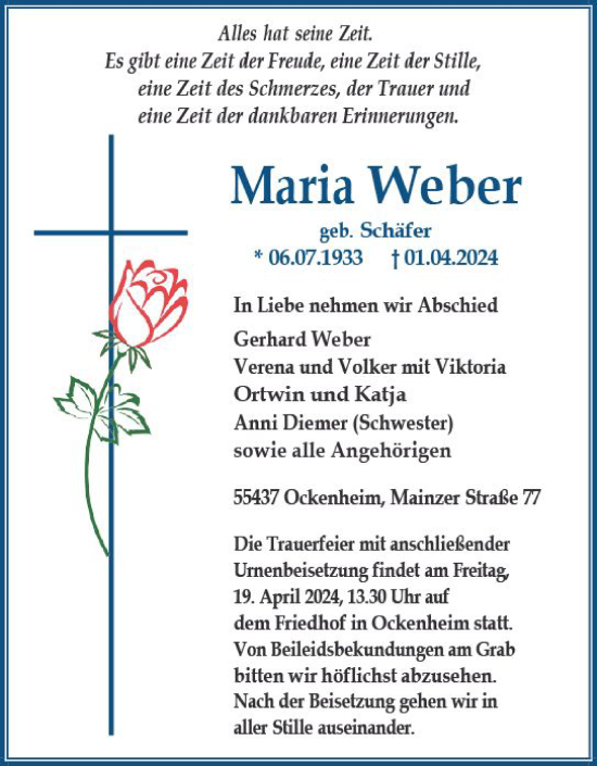 Traueranzeige von Maria Weber von Allgemeine Zeitung Bingen/Ingelheim