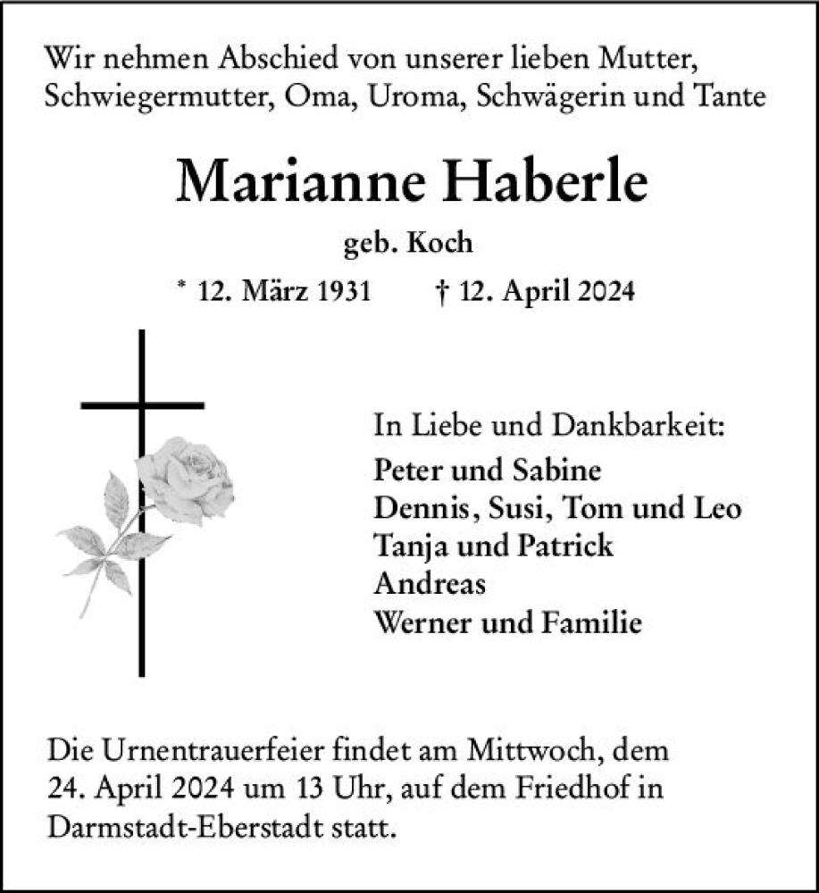  Traueranzeige für Marianne Haberle vom 20.04.2024 aus Darmstädter Echo