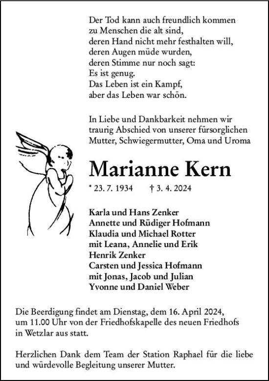 Traueranzeige von Marianne Kern von Wetzlarer Neue Zeitung