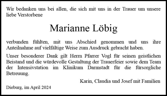 Traueranzeige von Marianne Löbig von Dieburger Anzeiger/Groß-Zimmerner Lokal-Anzeiger