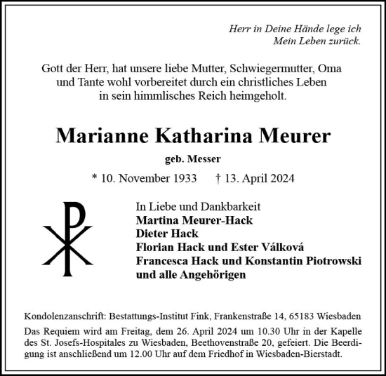 Traueranzeige von Marianne Katharina Meurer von Wiesbadener Kurier