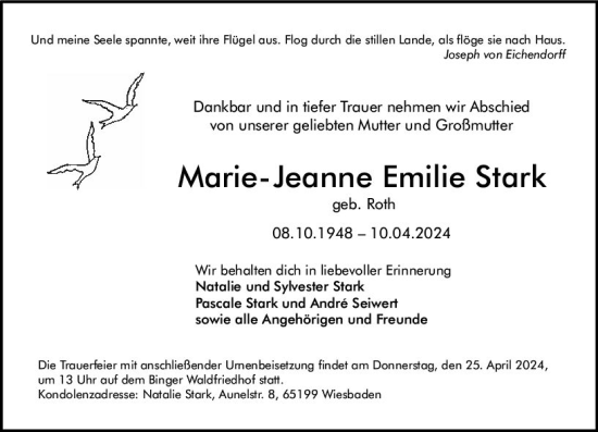 Traueranzeige von Marie-Jeanne Emilie Stark von Allgemeine Zeitung Bingen/Ingelheim