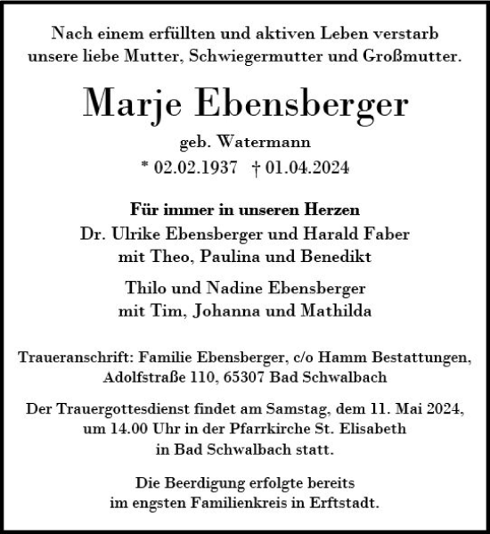 Traueranzeige von Marje Ebensberger von Idsteiner Land/Untertaunus