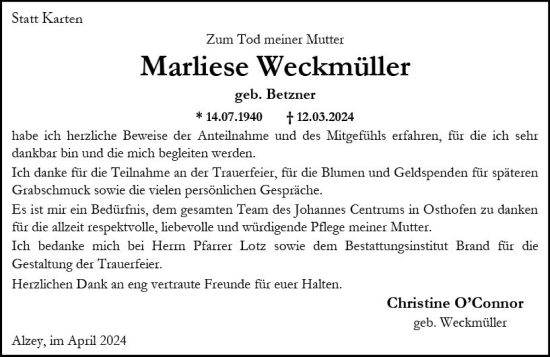 Traueranzeige von Marliese Weckmüller von Allgemeine Zeitung Alzey