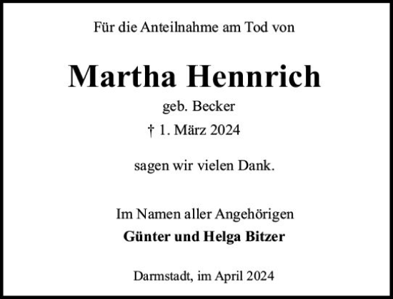 Traueranzeige von Martha Hennrich von Darmstädter Echo
