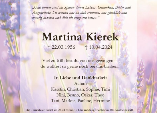 Traueranzeige von Martina Kierek von Wiesbadener Kurier