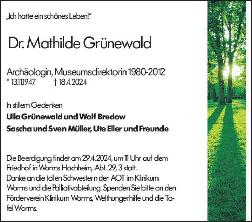  Traueranzeige für Mathilde Grünewald vom 20.04.2024 aus Wormser Zeitung