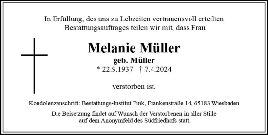 Traueranzeige von Melanie Müller von Wiesbadener Kurier