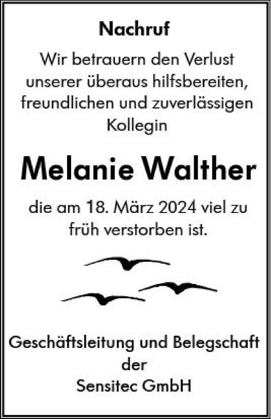 Traueranzeige von Melanie Walther von Allgemeine Zeitung Mainz