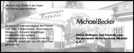 Traueranzeige von Michael Becker von Wetzlarer Neue Zeitung