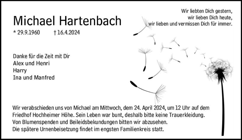  Traueranzeige für Michael Hartenbach vom 20.04.2024 aus Wormser Zeitung