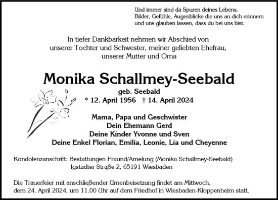 Traueranzeige von Monika Schallmey-Seebald von Wiesbadener Kurier