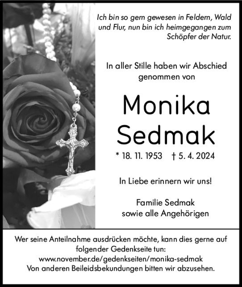  Traueranzeige für Monika Sedmak vom 26.04.2024 aus Dill Block