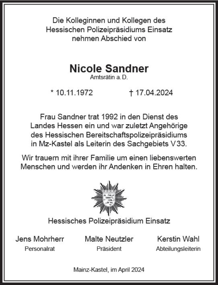  Traueranzeige für Nicole Sandner vom 27.04.2024 aus Groß-Gerauer Echo