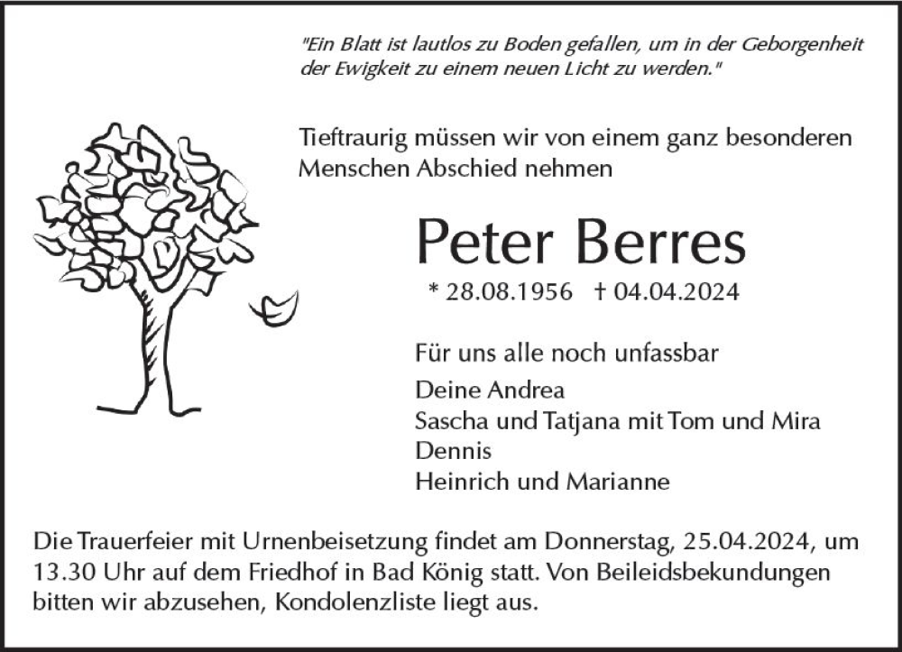  Traueranzeige für Peter Berres vom 13.04.2024 aus Odenwälder Echo