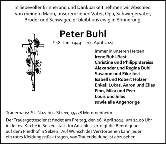 Traueranzeige von Peter Buhl von Allgemeine Zeitung Mainz