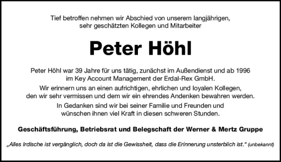 Traueranzeige von Peter Höhl von Allgemeine Zeitung Mainz