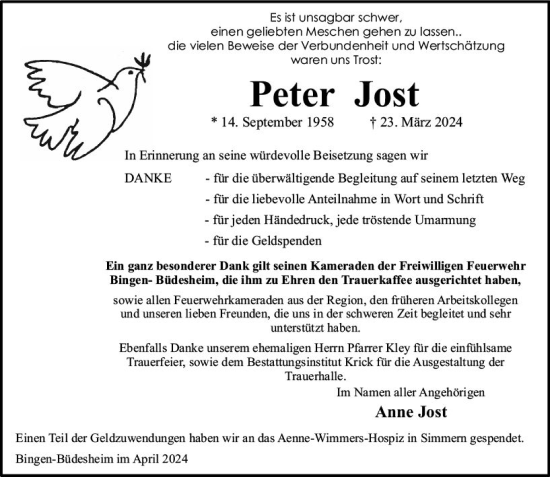 Traueranzeige von Peter Jost von Binger-/Ingelheimer Wochenblatt