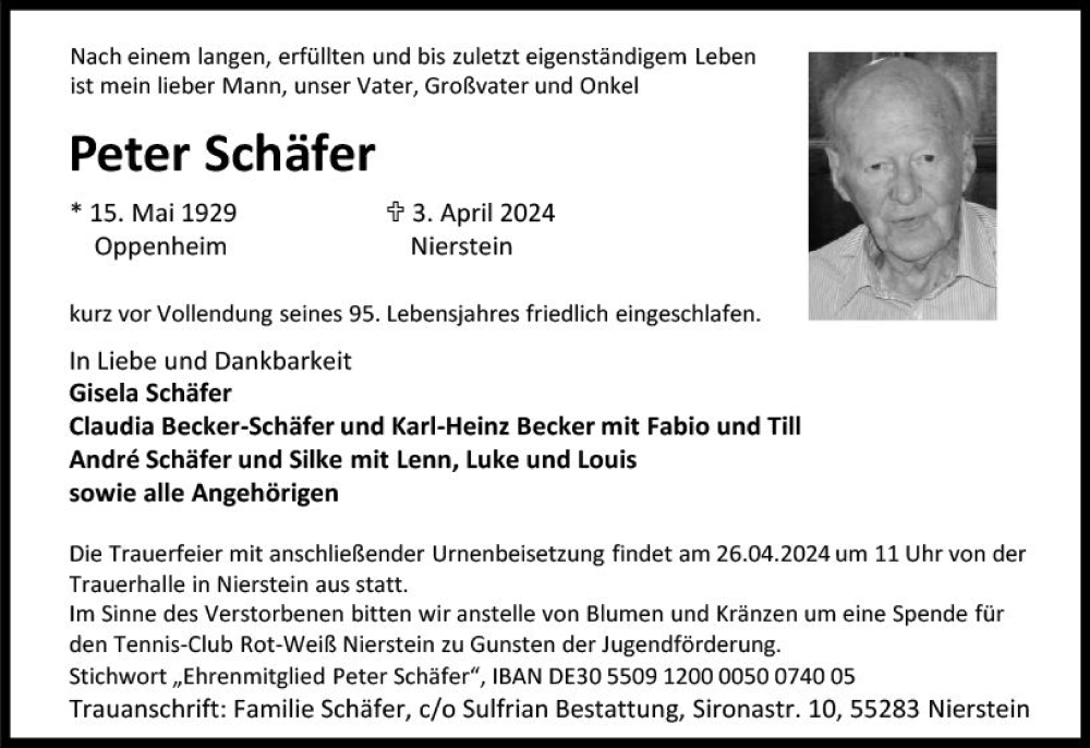  Traueranzeige für Peter Schäfer vom 13.04.2024 aus Allgemeine Zeitung Mainz