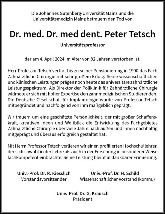 Traueranzeige von Peter Tetsch von Allgemeine Zeitung Mainz