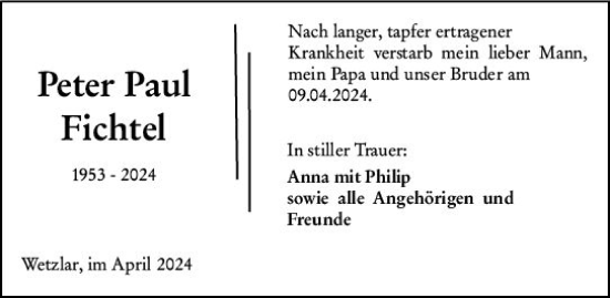 Traueranzeige von Peter Paul Fichtel von Wetzlarer Neue Zeitung
