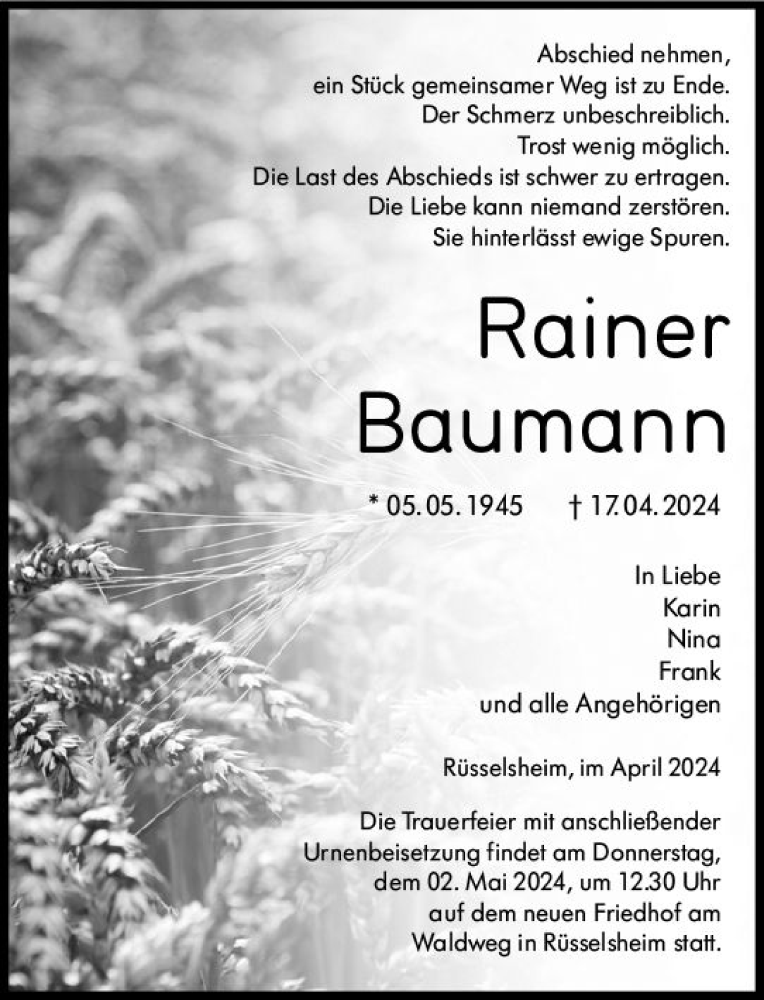  Traueranzeige für Rainer Baumann vom 27.04.2024 aus Rüsselsheimer Echo
