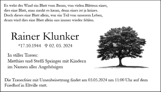 Traueranzeige von Rainer Klunker von Allgemeine Zeitung Mainz