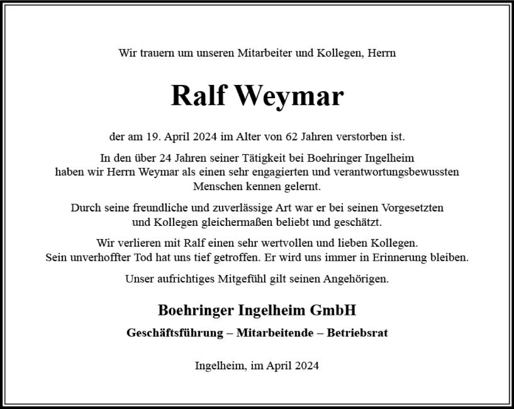  Traueranzeige für Ralf Weymar vom 27.04.2024 aus Allgemeine Zeitung Bingen/Ingelheim