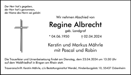 Traueranzeige von Regine Albrecht von Allgemeine Zeitung Bingen/Ingelheim